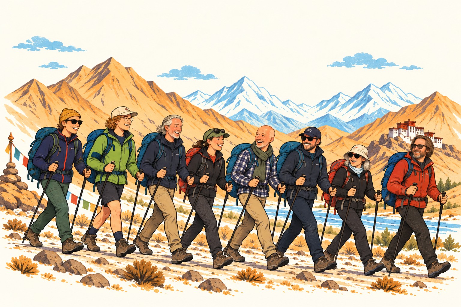 Eight happy hikers exploring the mountains